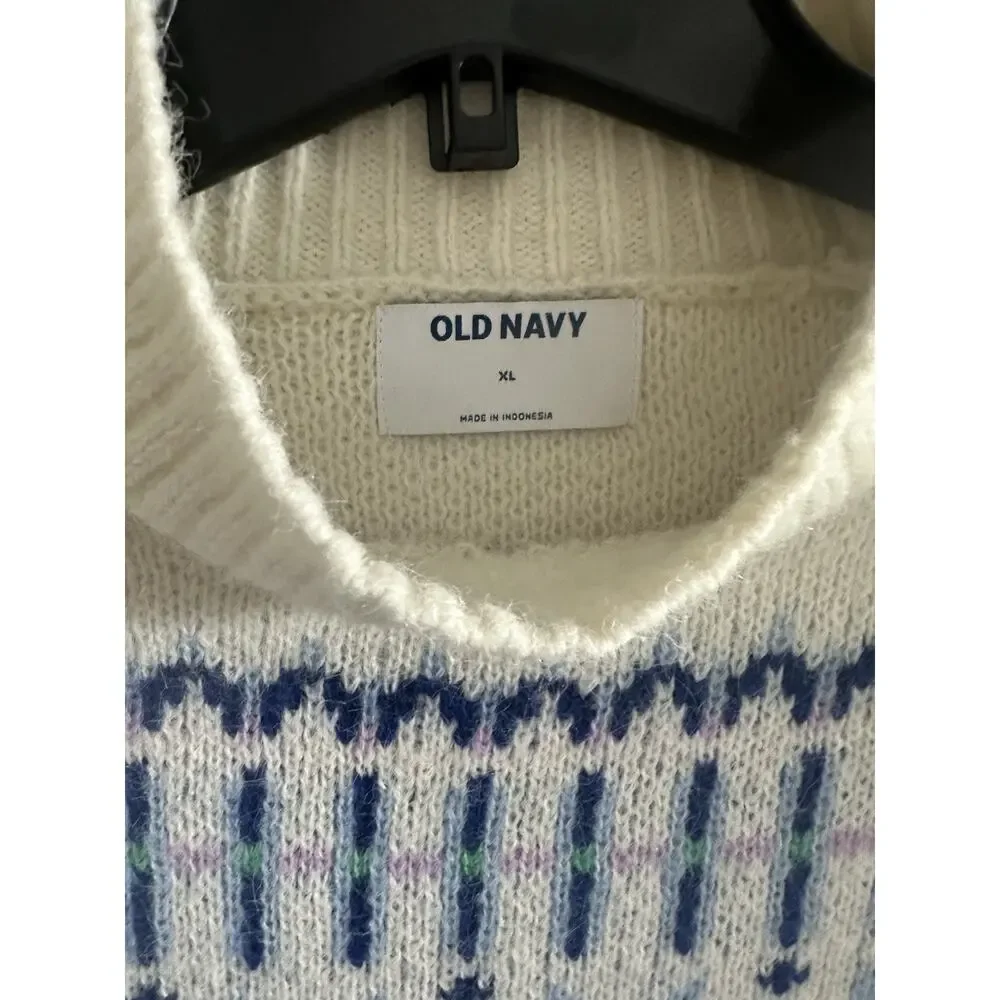 Old Navy Sky Blue Snowflake Off White Icelandic Fair Isle Sweater XL - Picture 2 of 4
